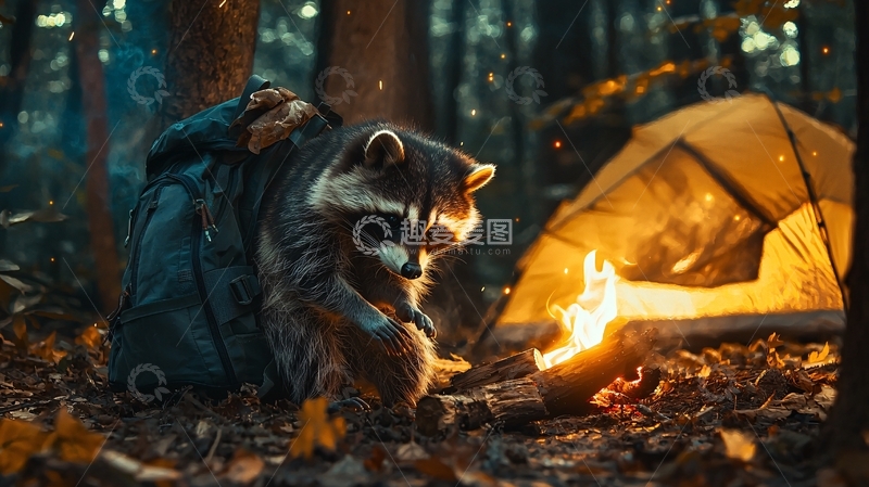 高清大图下载【趣麦麦图】森林露营中的浣熊