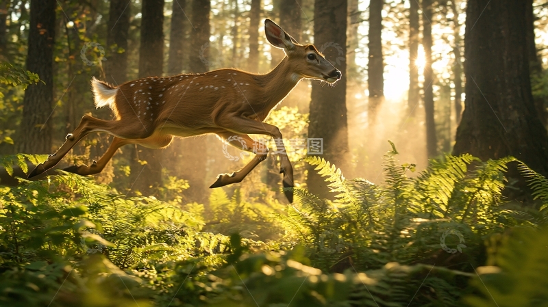 高清大图下载【趣麦麦图】晨光中的鹿在森林中奔跑
