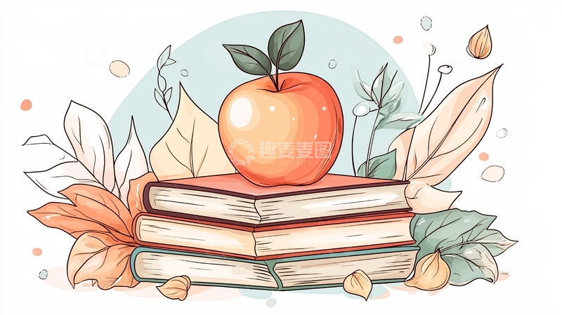 高清大图下载【趣麦麦图】书本与苹果插画素材