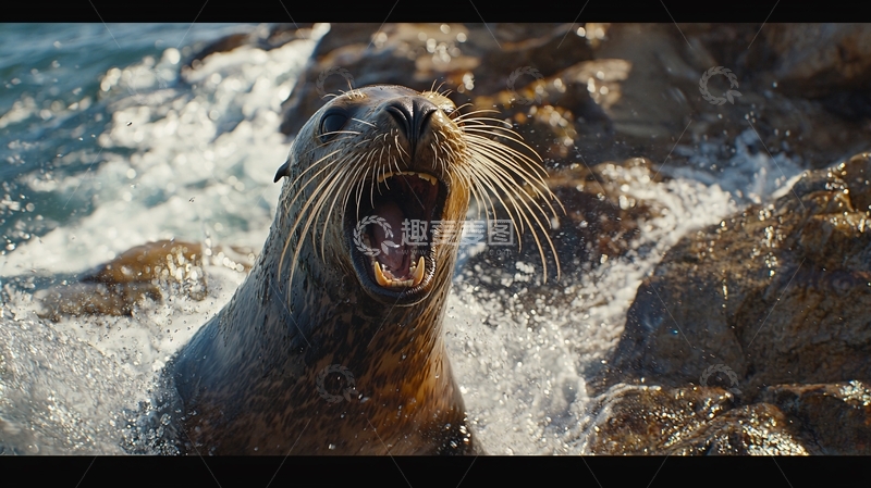 高清大图下载【趣麦麦图】海豹张嘴喷水特写