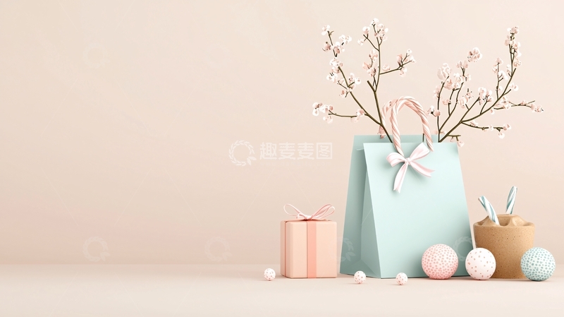 高清大图下载【趣麦麦图】粉色礼物盒与蓝色购物袋搭配