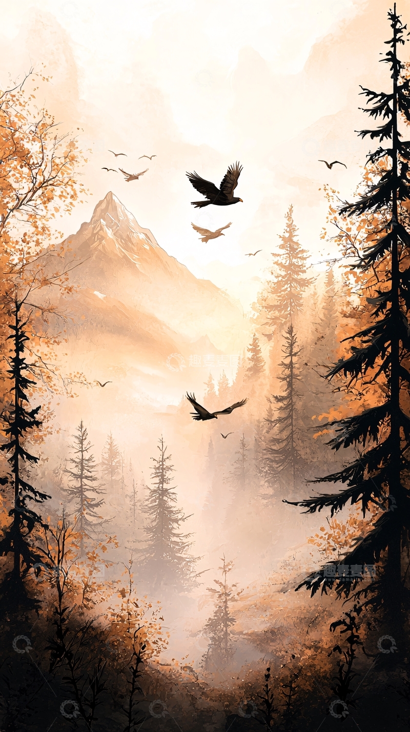 高清大图下载【趣麦麦图】秋日山林中的飞鸟