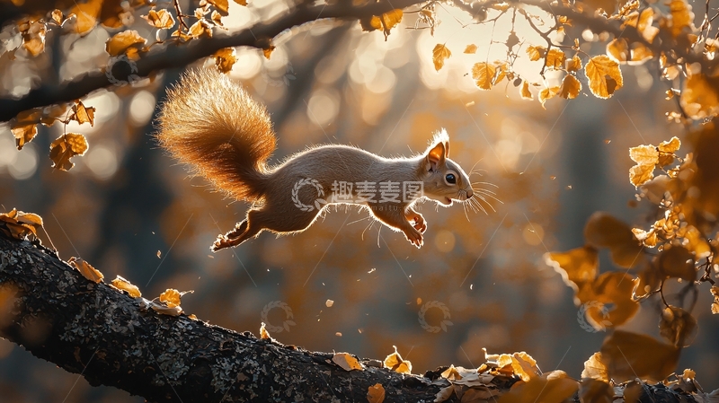 高清大图下载【趣麦麦图】秋日阳光下的松鼠跳跃瞬间