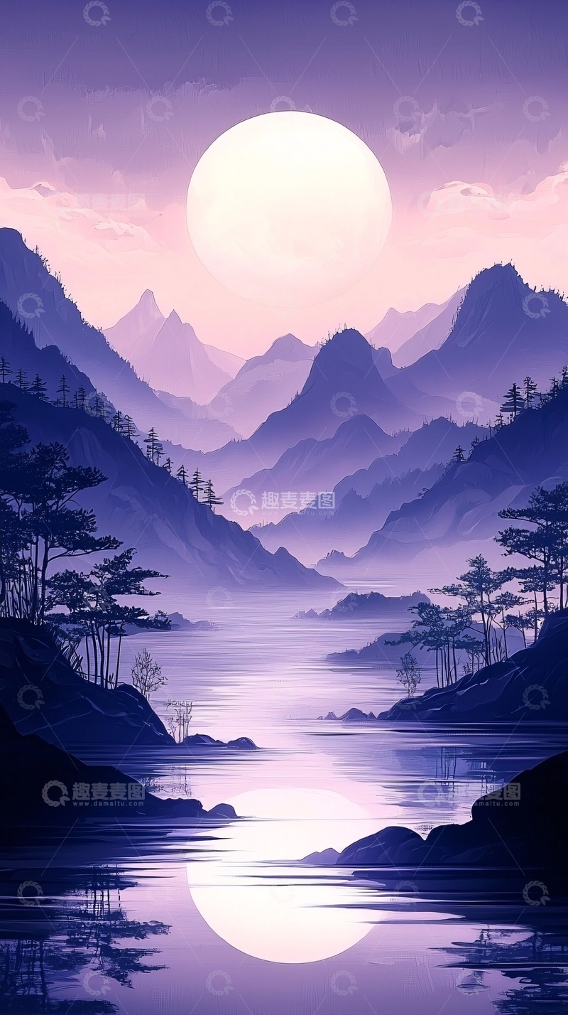 高清大图下载【趣麦麦图】月光下的山谷静谧风景