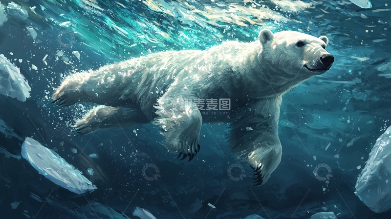 高清大图下载【趣麦麦图】北极熊在冰下游泳