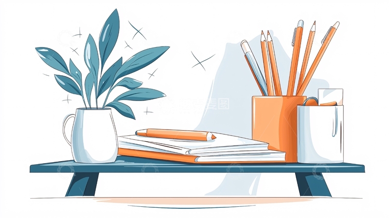 高清大图下载【趣麦麦图】办公桌上的文具与植物插图