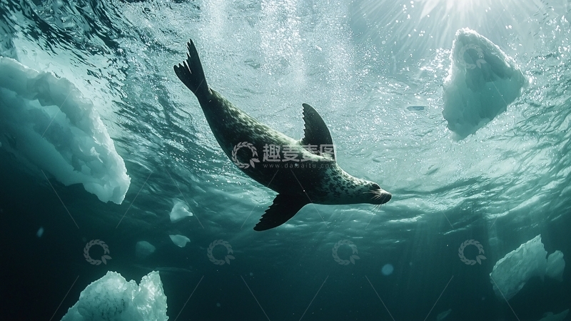 高清大图下载【趣麦麦图】海豹在冰川下的游泳场景