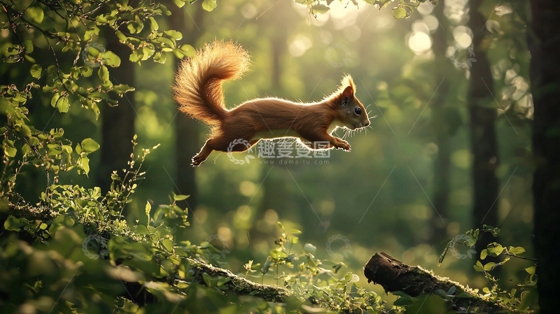 高清大图下载【趣麦麦图】森林中的松鼠跳跃瞬间