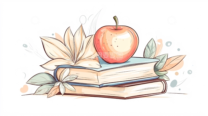 高清大图下载【趣麦麦图】书本与苹果插画素材