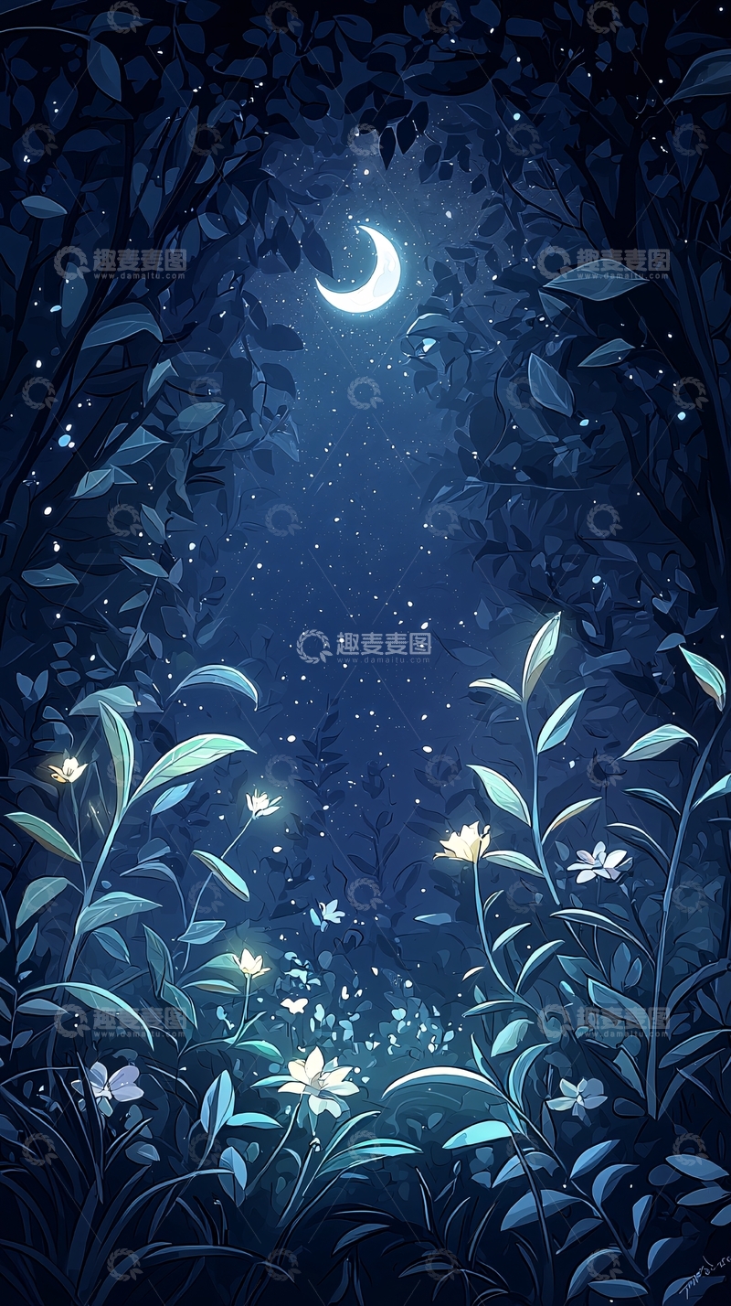 高清大图下载【趣麦麦图】夜色森林下的月光与花朵
