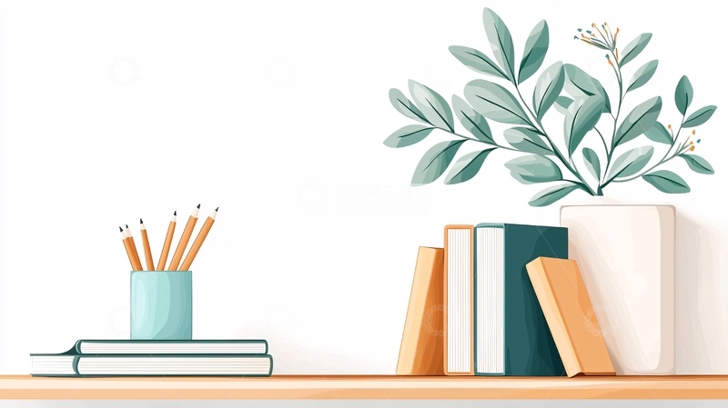 高清大图下载【趣麦麦图】书架上的文具与植物插图
