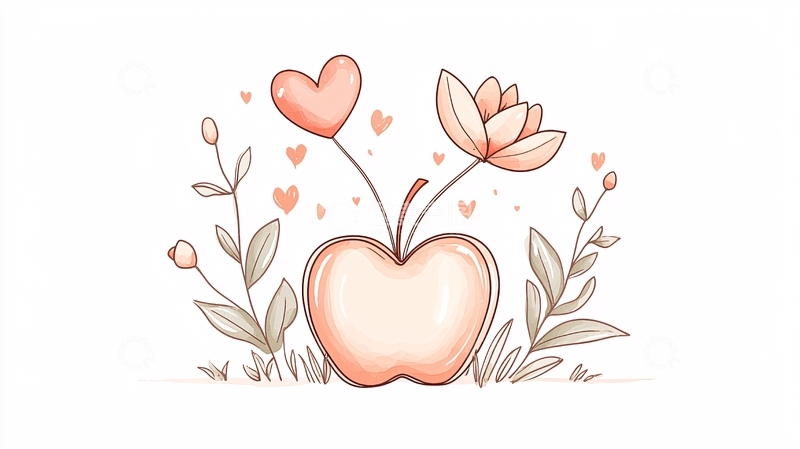 高清大图下载【趣麦麦图】粉色心形苹果与花朵插画