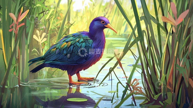 高清大图下载【趣麦麦图】紫色鸟在湿地上的插画