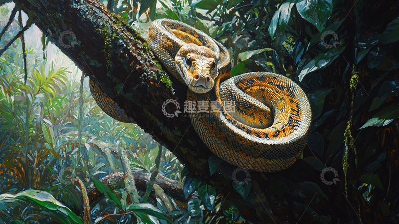 高清大图下载【趣麦麦图】热带雨林中的蟒蛇