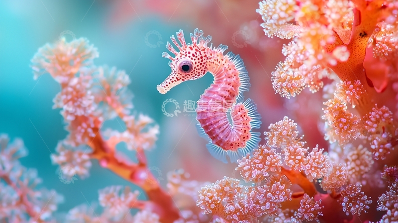 高清大图下载【趣麦麦图】粉红色海马与珊瑚礁