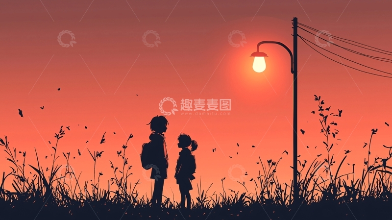 高清大图下载【趣麦麦图】夕阳下的灯下剪影