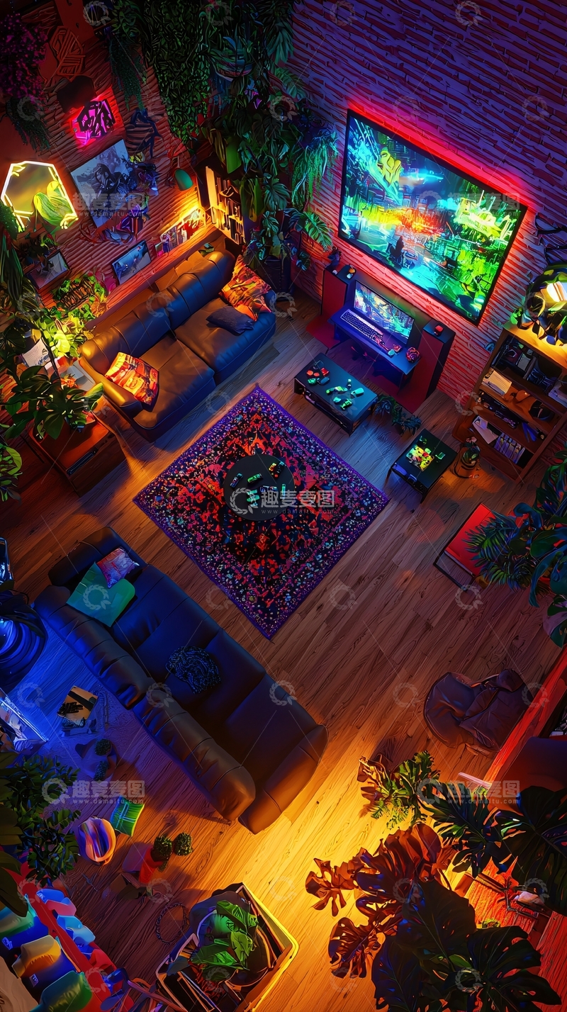 高清大图下载【趣麦麦图】现代化家庭游戏室俯视全景设计