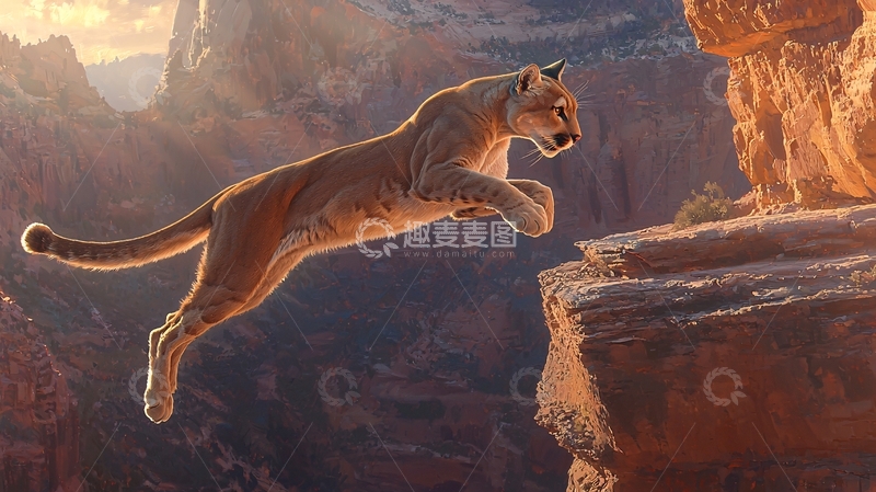 高清大图下载【趣麦麦图】山猫飞跃峡谷岩石