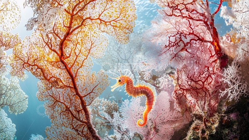 高清大图下载【趣麦麦图】海底珊瑚与海马
