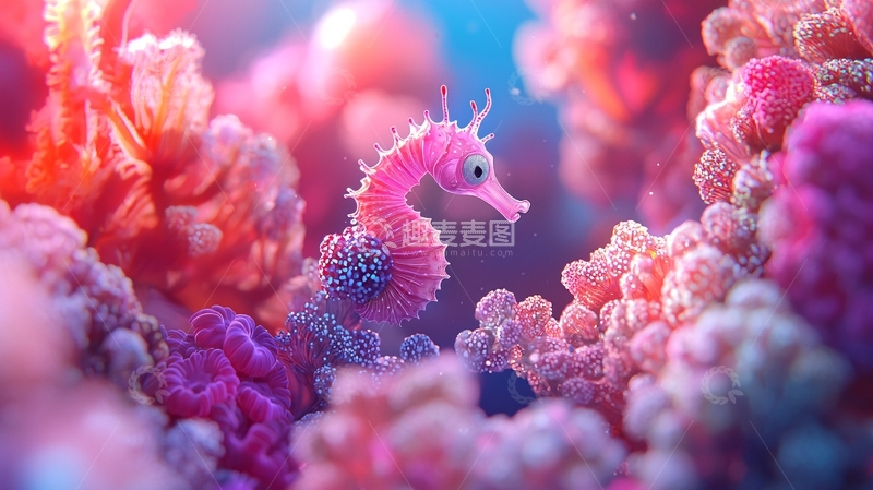 高清大图下载【趣麦麦图】粉色海马与珊瑚礁