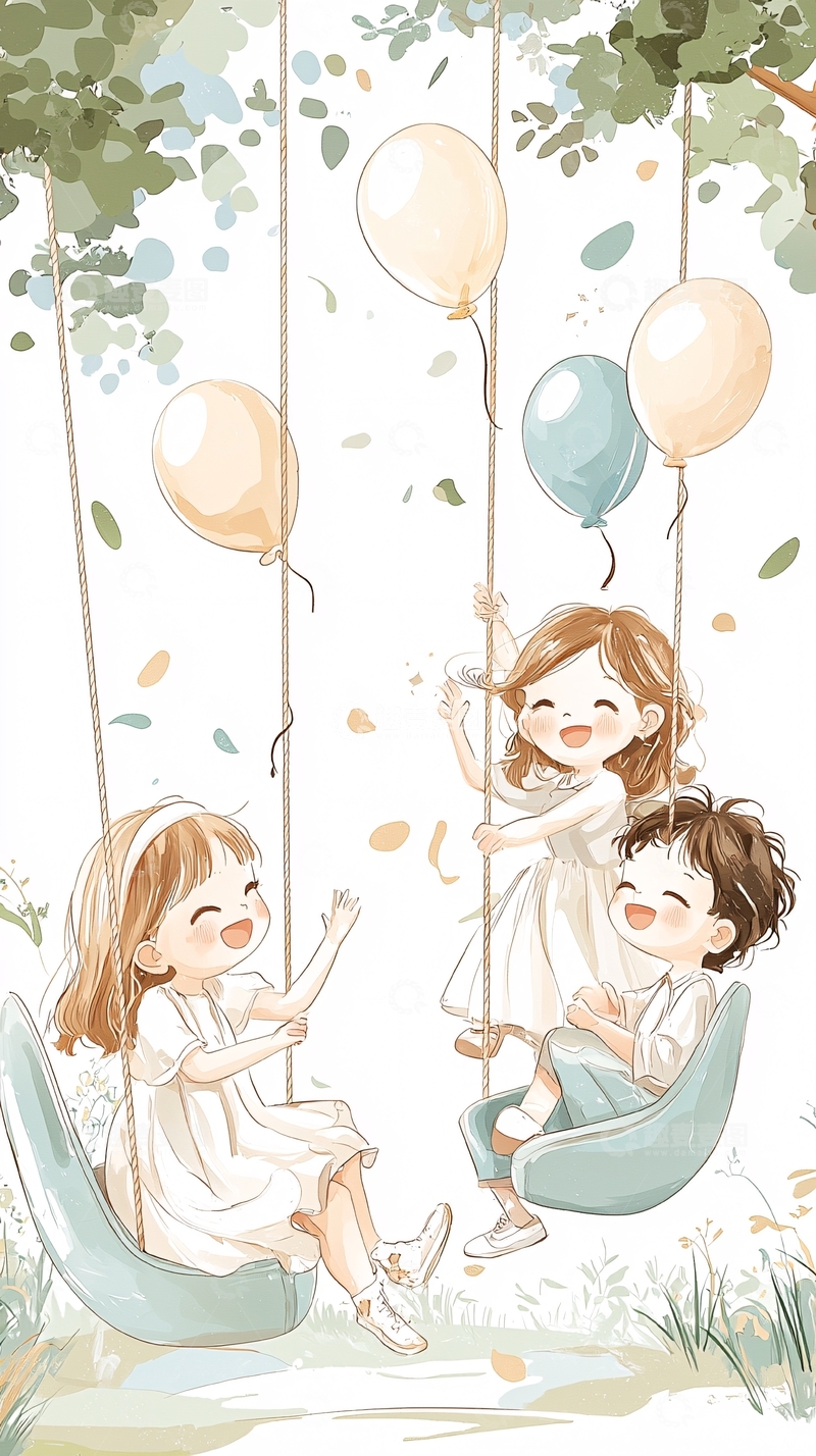 高清大图下载【趣麦麦图】快乐童年秋千上的孩子们