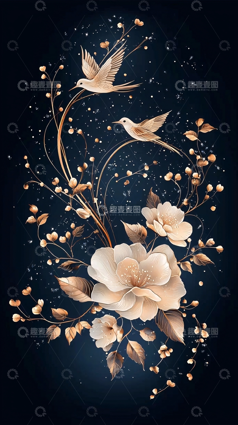 高清大图下载【趣麦麦图】夜空中的飞鸟与花朵