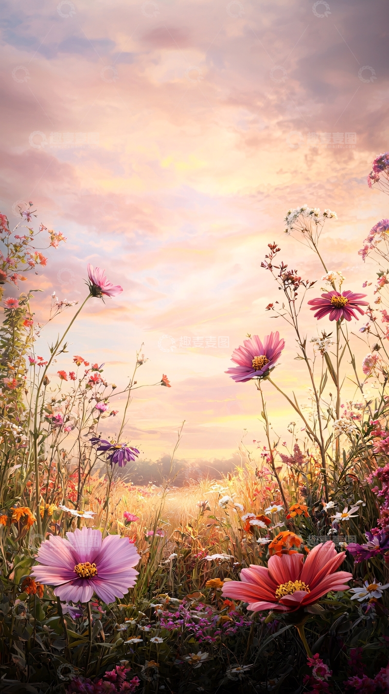 高清大图下载【趣麦麦图】夕阳下的花海美景