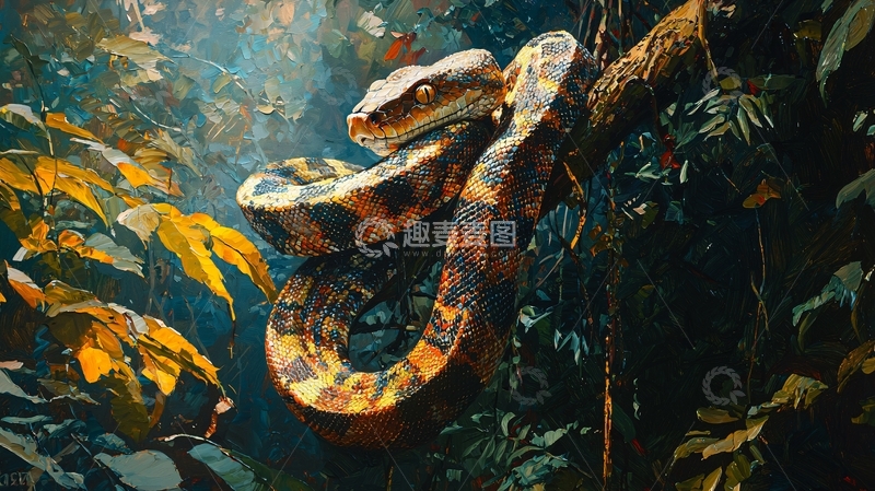 高清大图下载【趣麦麦图】热带雨林中的彩色蟒蛇