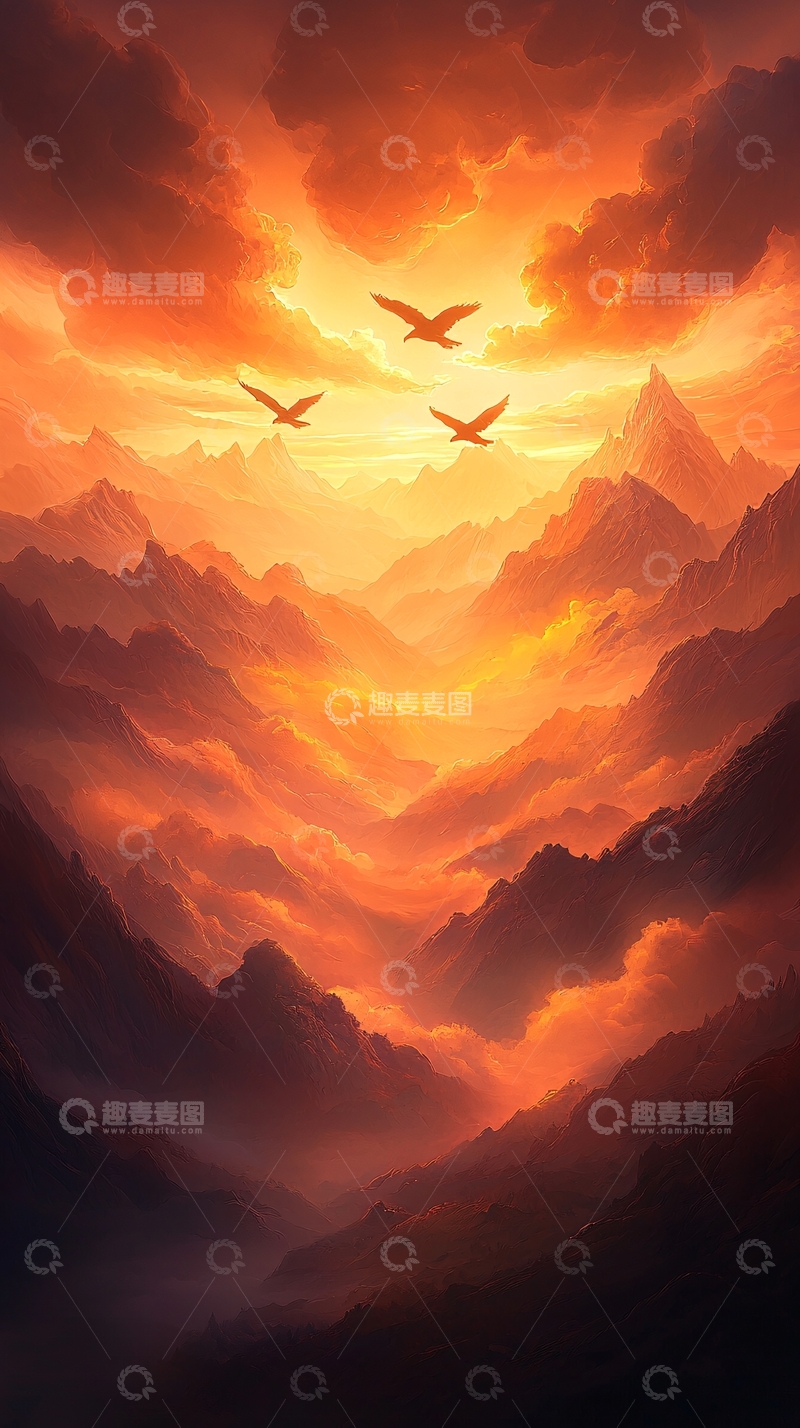 高清大图下载【趣麦麦图】山间日落鸟瞰图