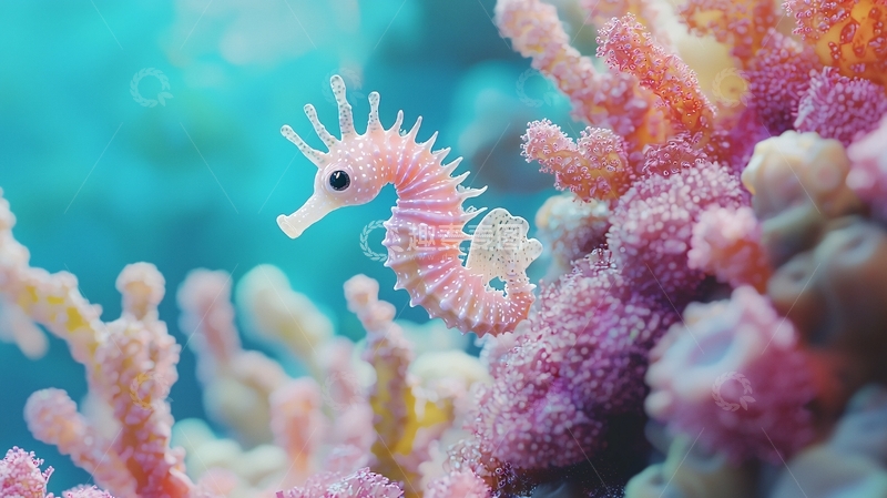 高清大图下载【趣麦麦图】粉红色海马与珊瑚礁