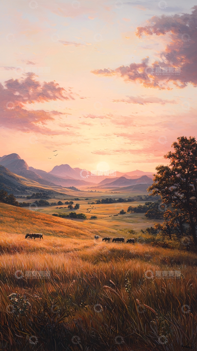 高清大图下载【趣麦麦图】夕阳下的草原牧场