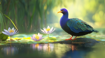 紫色鸟与莲花的宁静湖畔