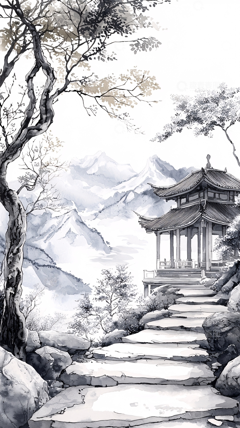 高清大图下载【趣麦麦图】水墨山水亭阁石径图