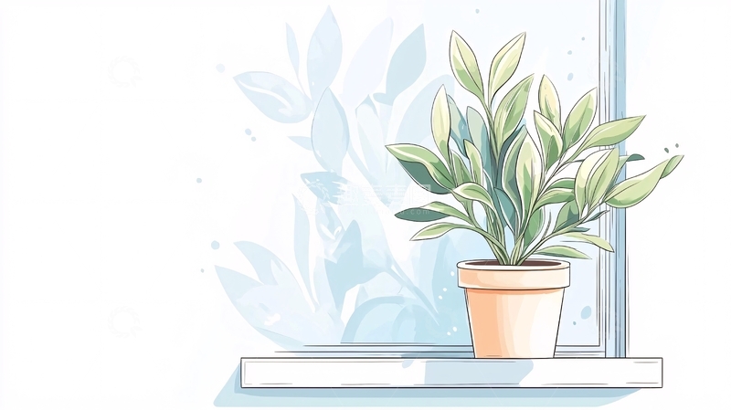 高清大图下载【趣麦麦图】窗台上的盆栽植物插画