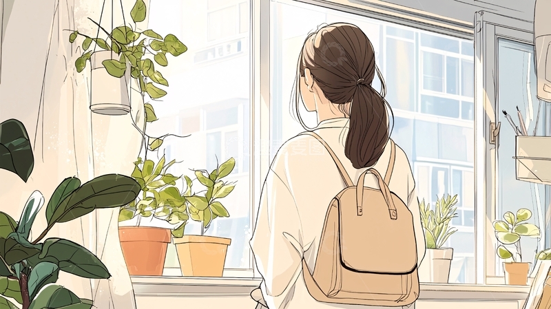高清大图下载【趣麦麦图】室内植物与背包的女性背影