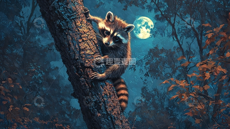 高清大图下载【趣麦麦图】夜色森林中的浣熊