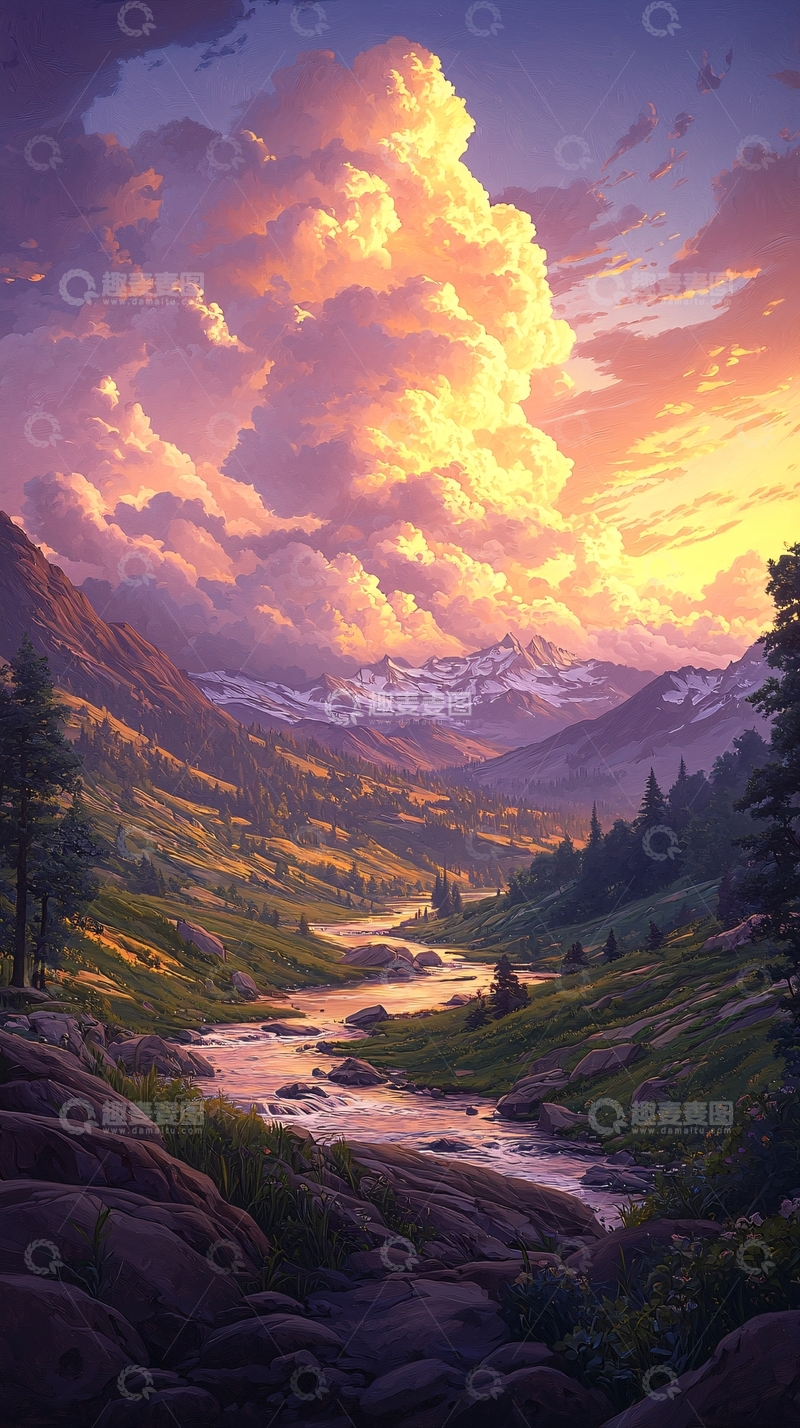 高清大图下载【趣麦麦图】夕阳下的山谷溪流