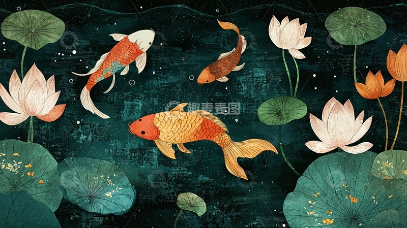 高清大图下载【趣麦麦图】古风池塘中的锦鲤与荷花