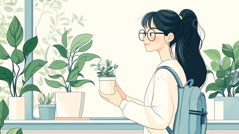 高清大图下载【趣麦麦图】室内植物与女孩