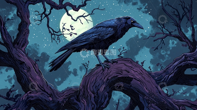 高清大图下载【趣麦麦图】夜晚树上的乌鸦插画