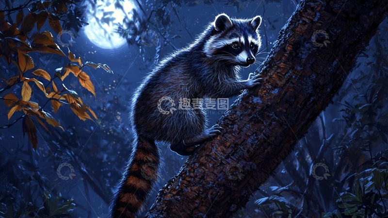 高清大图下载【趣麦麦图】夜色中的浣熊爬树