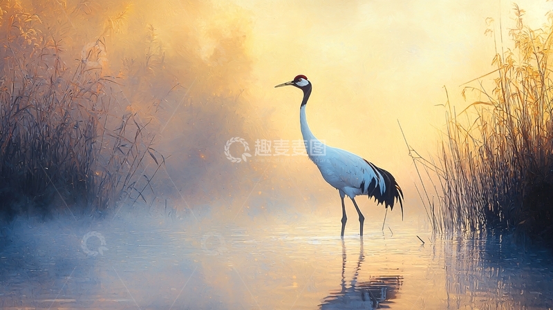 高清大图下载【趣麦麦图】晨雾中的红鹤