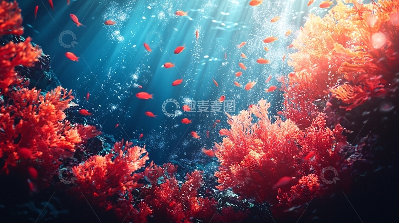 高清大图下载【趣麦麦图】海底珊瑚鱼群光影效果