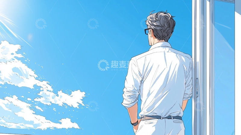 高清大图下载【趣麦麦图】背影男子望向窗外蓝天白云