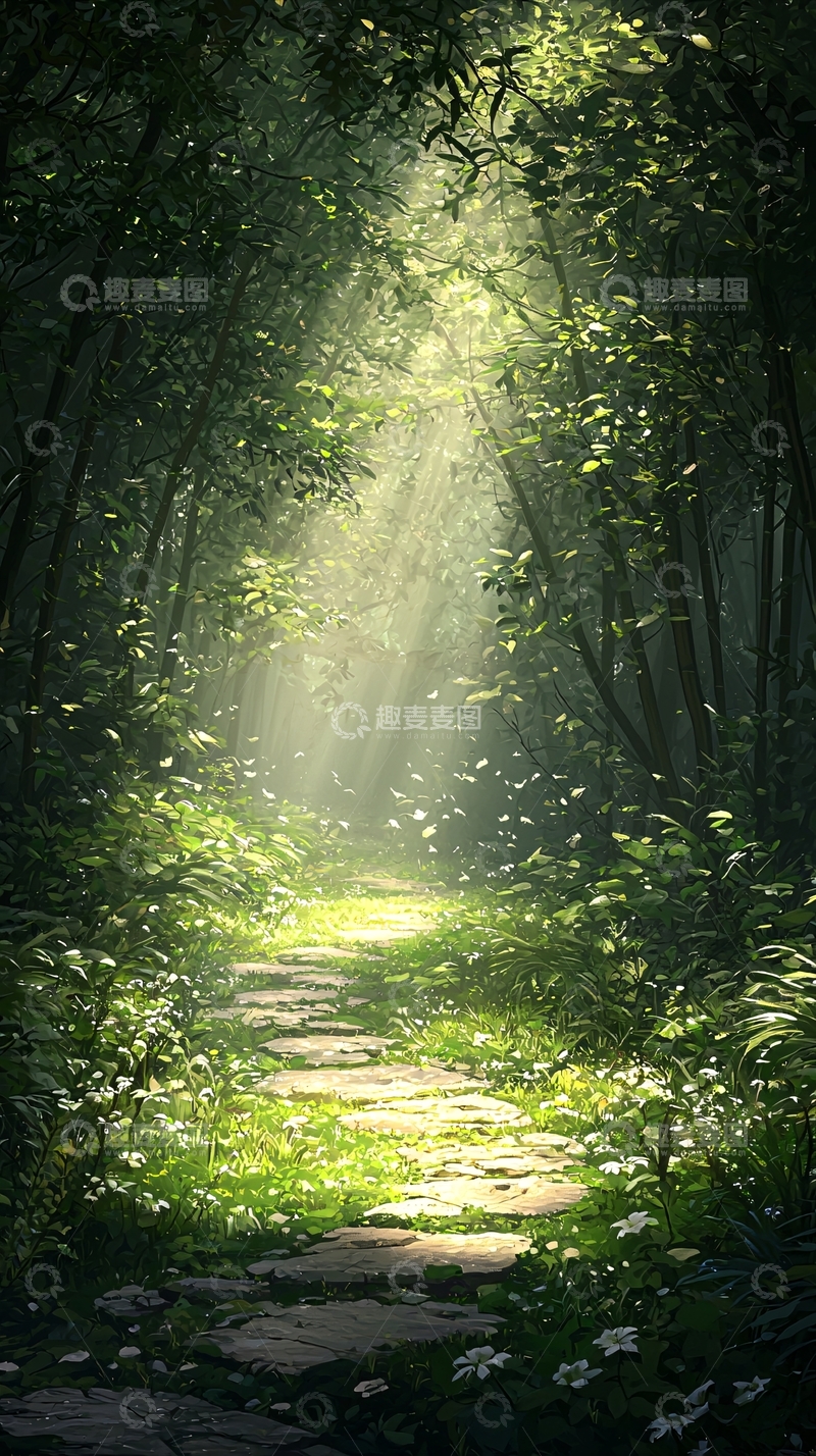 高清大图下载【趣麦麦图】森林中的石板小径