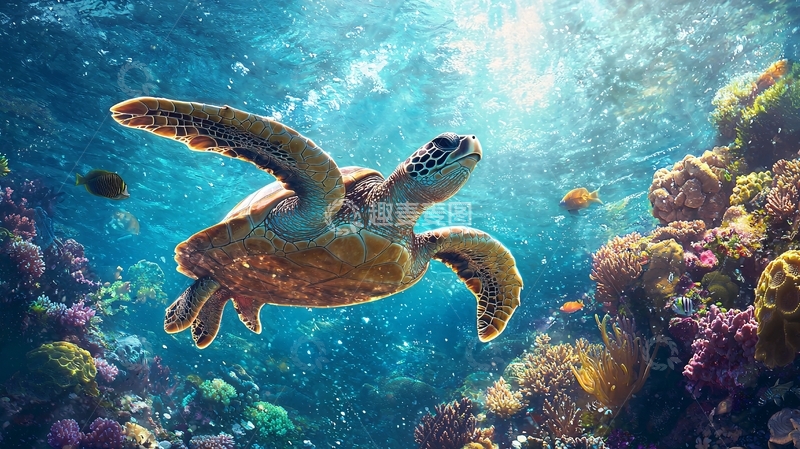 高清大图下载【趣麦麦图】海龟与珊瑚礁下的海洋世界