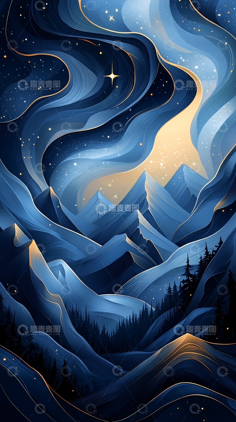 高清大图下载【趣麦麦图】夜空下的雪山森林