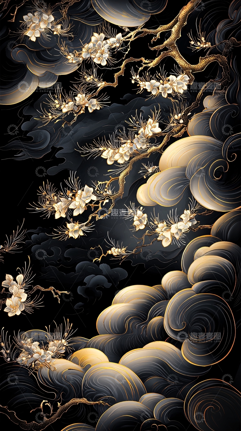 高清大图下载【趣麦麦图】金色花卉与云朵的艺术插画