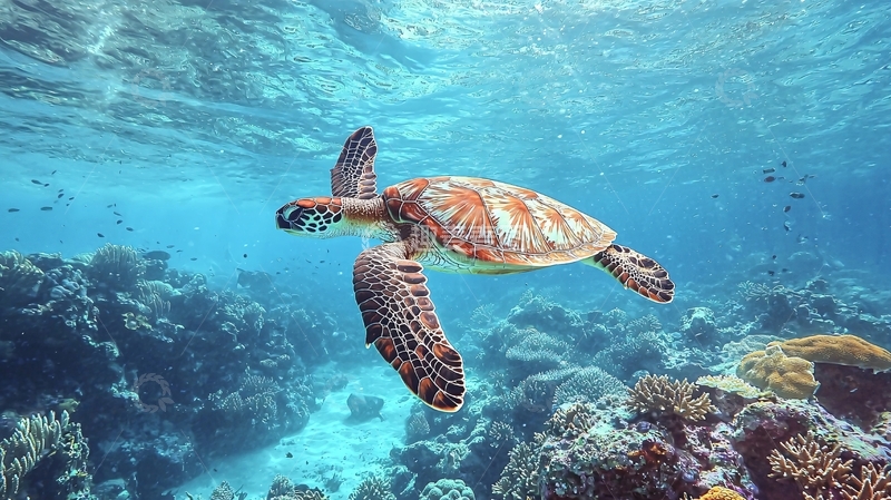 高清大图下载【趣麦麦图】海龟在珊瑚礁中游泳