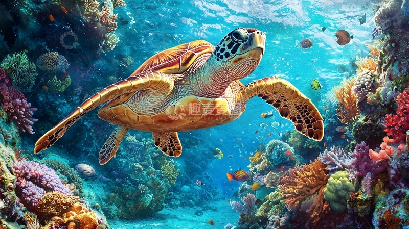 高清大图下载【趣麦麦图】海龟与珊瑚礁下的海洋世界